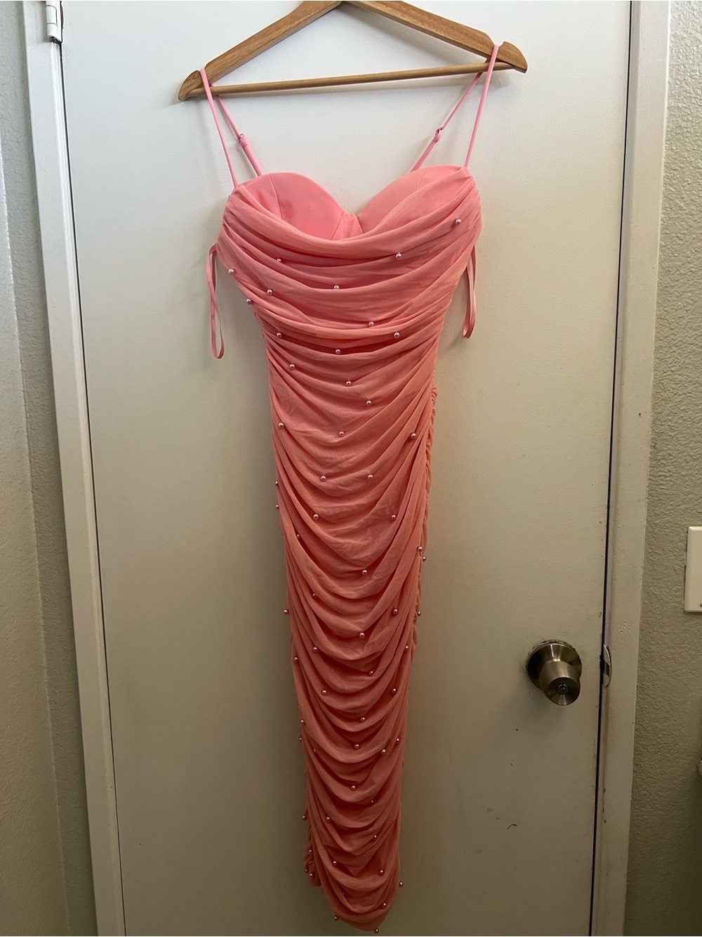 Windsor Coral Pink Ruched Strapless Pearl-Embellished Dress